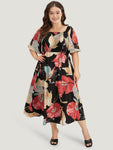 Floral Print Flutter Sleeves Square Neck Shirred Dress