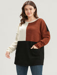 Colorblock Contrast Pocket Round Neck Drop Shoulder Sweatshirt