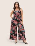 Spaghetti Strap Pocketed Ruched Floral Print Jumpsuit