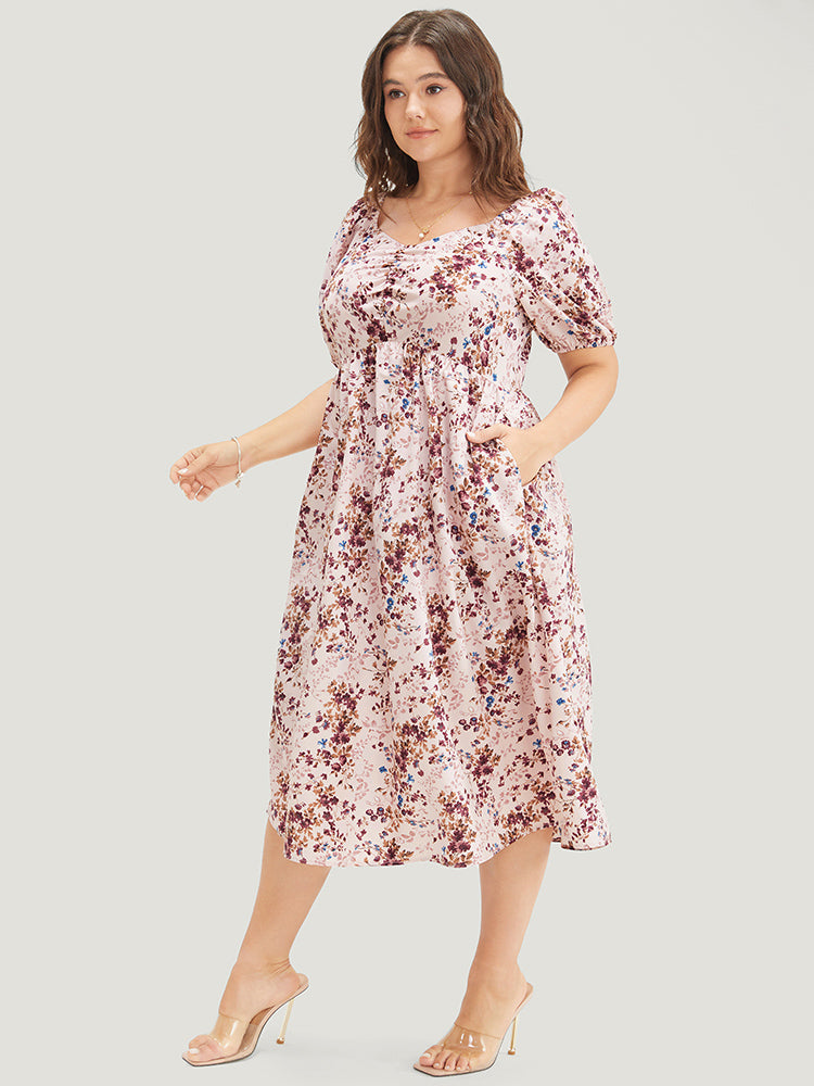 

Plus Size Women Dailywear Ditsy Floral Gathered Puff Sleeve Short Sleeve V Neck Pocket Elegance Dresses BloomChic, Mauve