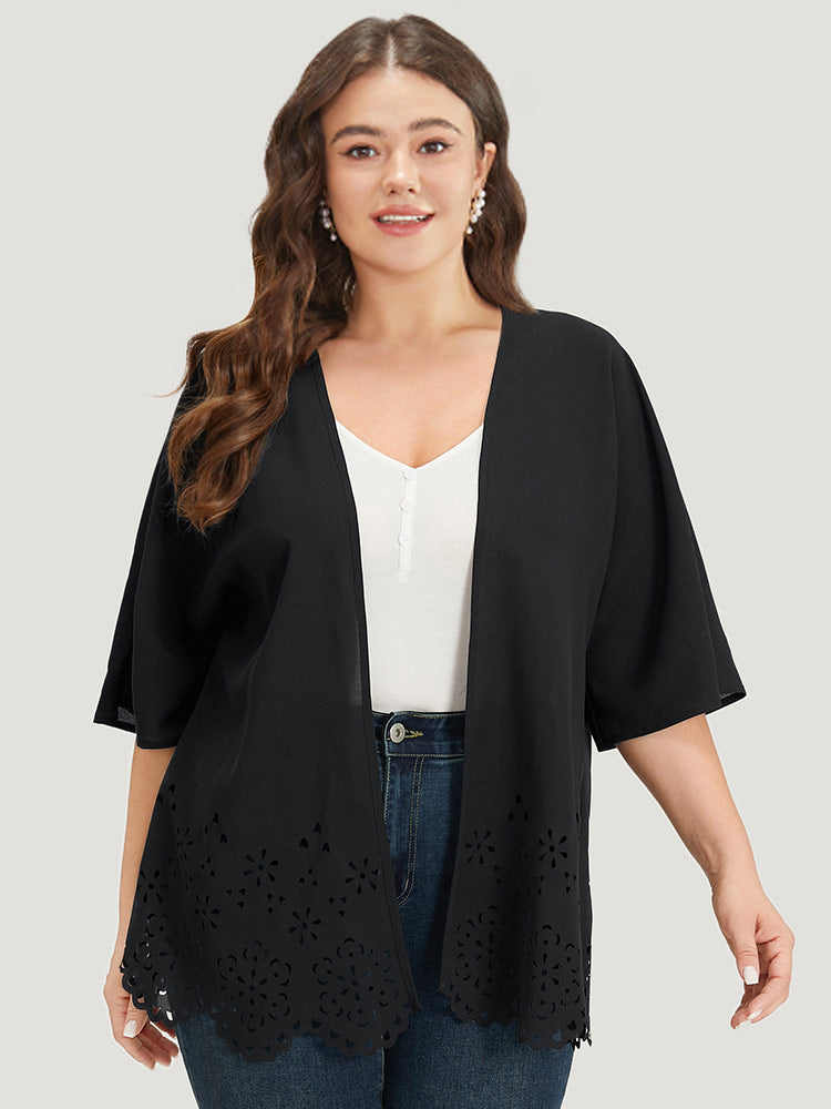 

Plain Laser Cut Open Front Scalloped Trim Kimono BloomChic, Black