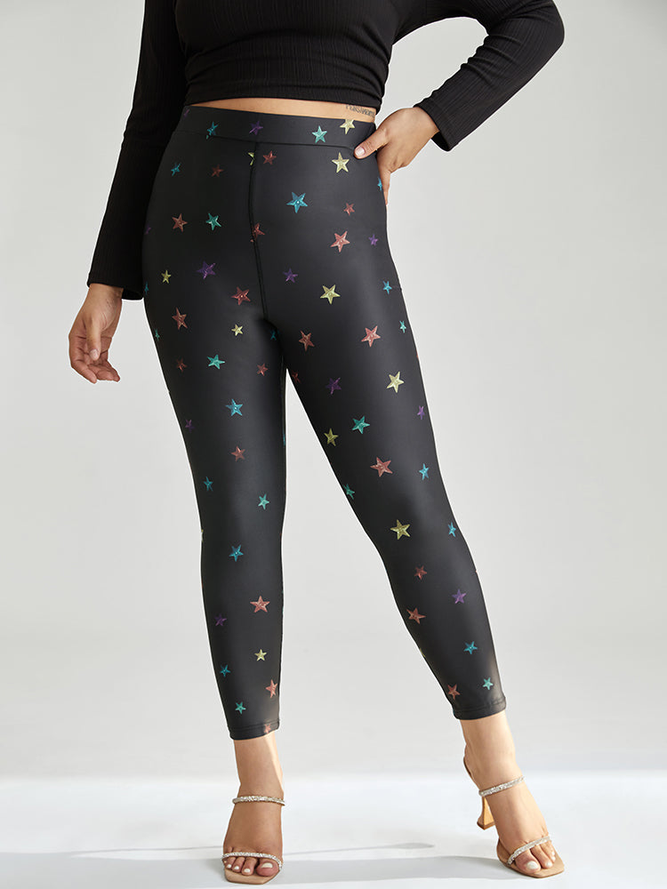 

Plus Size Women Party Moon and Star Printed High stretch Skinny High Rise Cocktail Leggings BloomChic, Black