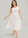 Ditsy Floral Pocket Belted Keyhole Neck Flutter Tank Dress