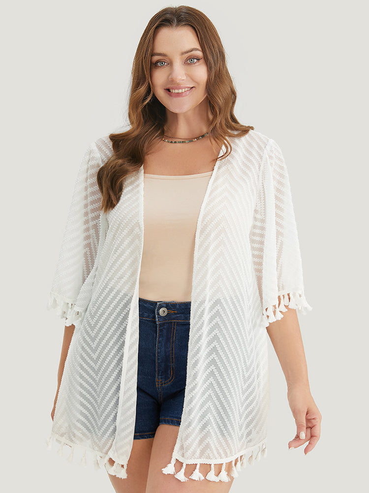 

Plain Textured Tassels Trim Pocket Open Front Kimono BloomChic, White