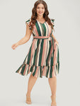 Cap Sleeves Striped Print Belted Pocketed Dress With Ruffles