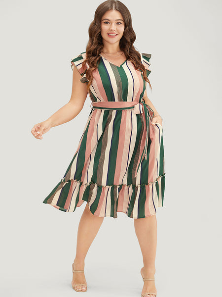Belted Pocketed Striped Print Cap Sleeves Dress With Ruffles