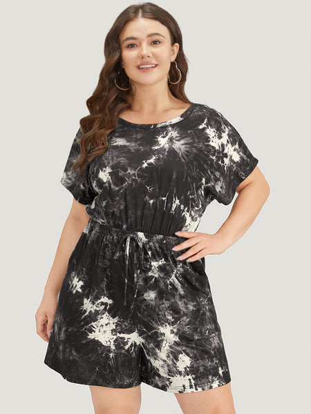 Pocketed Tie Dye Print Batwing Sleeves Jumpsuit With a Bow(s)