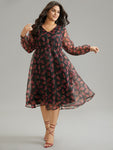 Floral Mesh Elastic Waist Lantern Sleeve Dress