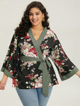 Floral Print Contrast Trim Belted Kimono