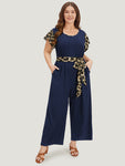 Belted Pocketed Animal Leopard Print Jumpsuit With Ruffles