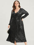 Solid Sequin Knotted Side Wrap Lantern Sleeve Dress