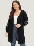 Plants Embroidered Lantern Sleeve Open Front Cardigan