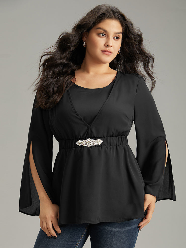 

Plus Size Women Festival-Halloween Plain Rhinestone detailing Ruffle Sleeve Elbow-length sleeve V-neck Glamour Blouses BloomChic, Black