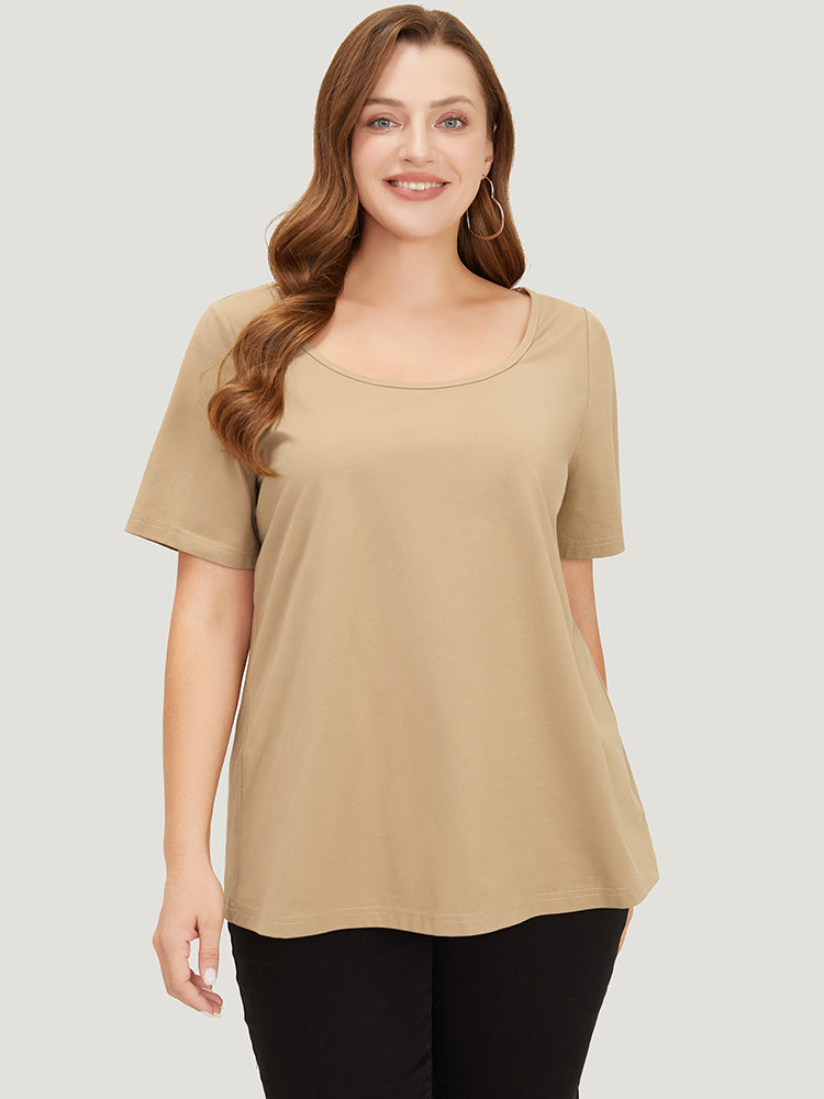 

Plus Size Women Dailywear Plain Regular Sleeve Short sleeve Scoop Neck Basics T-shirts BloomChic, Tan