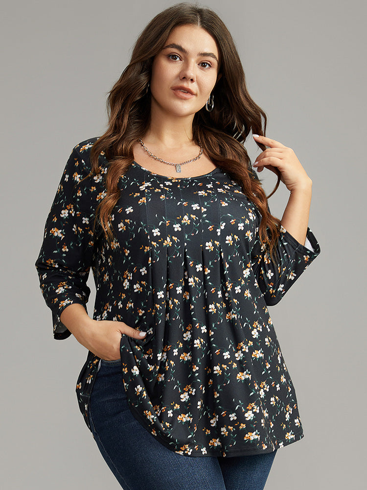 

Plus Size Women Dailywear Ditsy Floral Printed Regular Sleeve Three Quater Length Sleeve Round Neck Elegance T-shirts BloomChic, Black