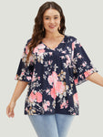 Floral Print Flutter Sleeve Gathered Detail T shirt