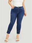 Very Stretchy High Rise Dark Wash Button Hem Jeans