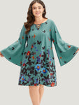 Butterfly & Floral Print Knot Neck Bell Sleeve Dress