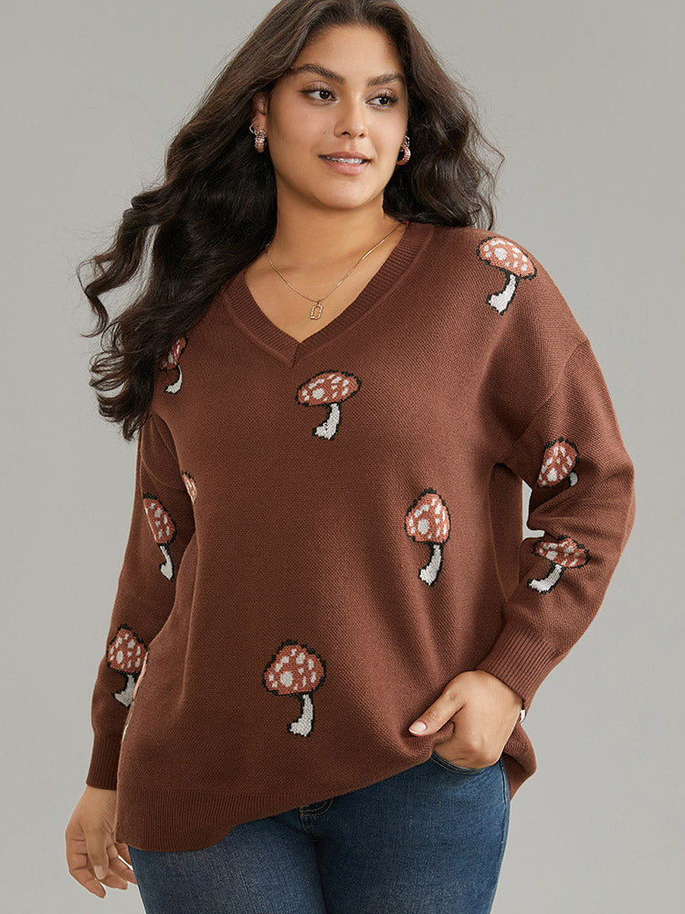 

Plus Size Pullovers | Mushroom Knit V Neck Jacquard Pullover | BloomChic, Maroon