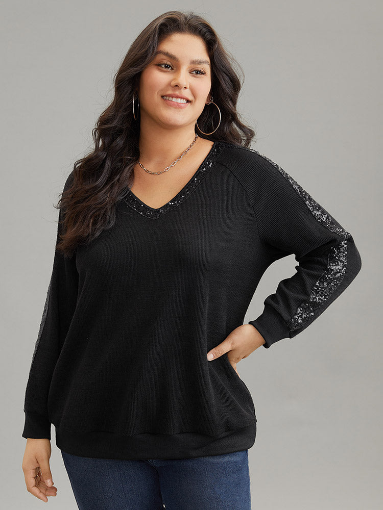 

Plus Size Women Dailywear Plain Rib Knit Regular Raglan Sleeve Long Sleeve V Neck Casual Sweatshirts BloomChic, Black