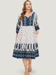 General Print Pocketed Self Tie Dress With Ruffles