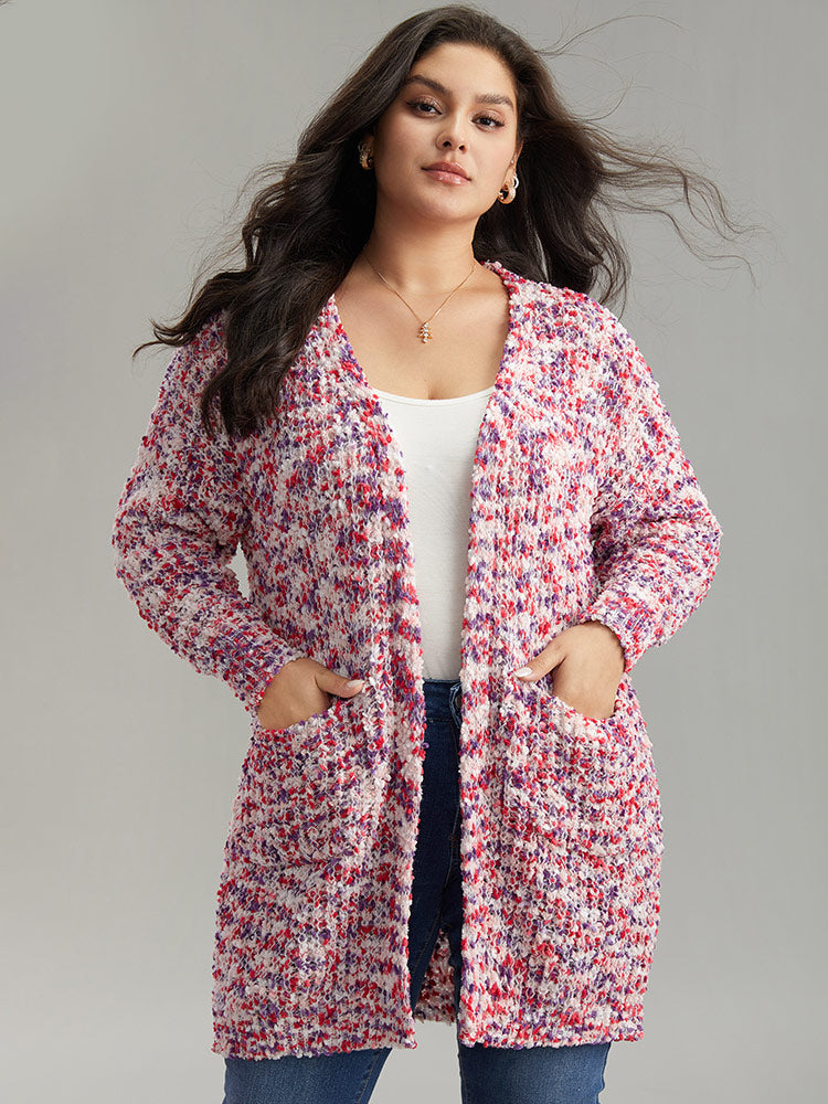 

Plus Size Cardigans | Contrast Fuzzy Open Front Patched Pocket Cardigan | BloomChic, Multicolor