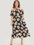 Floral Print Halter Ruffle Trim Pocketed Dress
