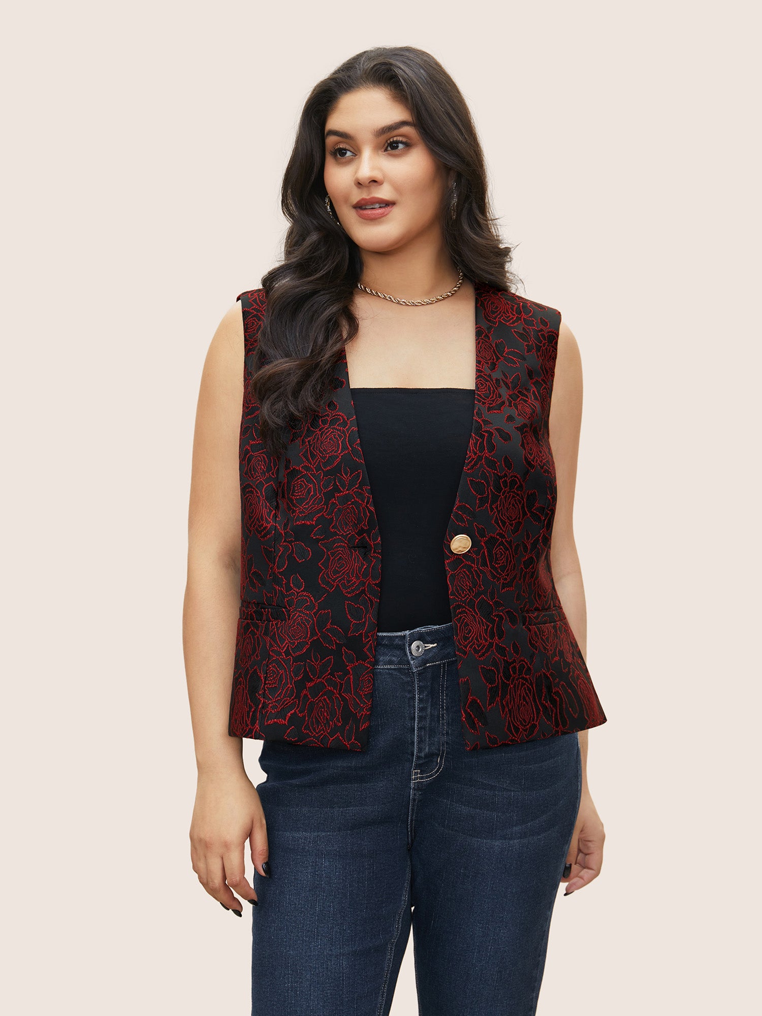 

Plus Size Vests | Rose Embroidered Contrast Texture Vest | BloomChic, Black