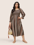 Shirred Gathered General Print Square Neck Dress