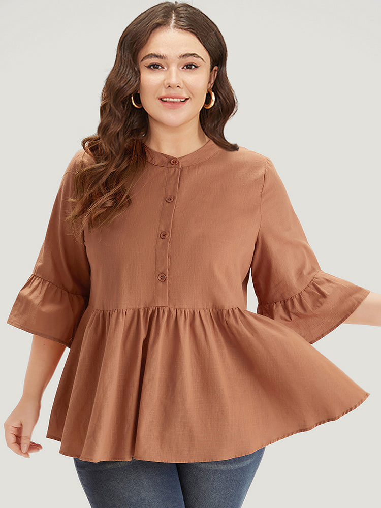 

Plus Size Women Workwear Plain Gathered Bell Sleeve Three Quater Length Sleeve Round Neck Workleisure Blouses BloomChic, Chocolate