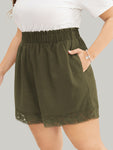 Solid Guipure Lace Pocket Paperbag Waist Shorts