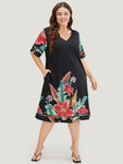 V-neck Floral Print Pocketed Mesh Dress With Ruffles