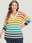 Rainbow Print V Neck Elastic Cuffs Pullover