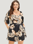 Pocketed Square Neck Tropical Print Romper