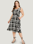 Plaid Print Sleeveless Belted Pocketed Dress