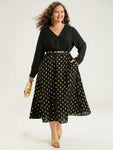 V-neck Glittering Pocketed Polka Dots Print Dress