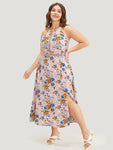 Pocketed Halter Lace PomPom Trim Floral Print Dress