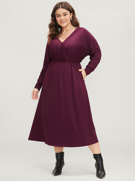 Dolman Sleeves Ribbed Wrap Pocketed Knit Dress