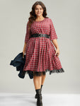 Christmas Plaid Mesh Patchwork Pleated Dress