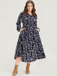 Pocketed Belted Floral Print Collared Dress