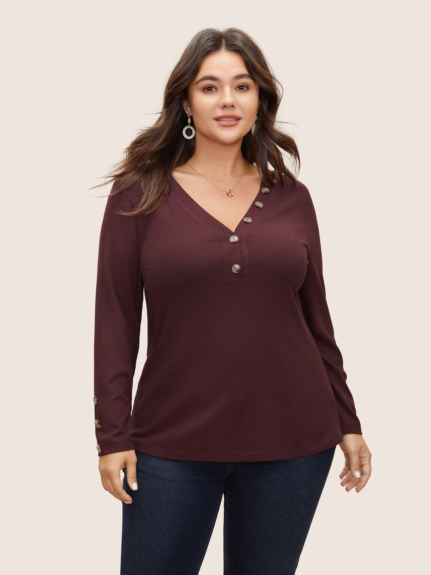 

Plus Size Women Everyday Plain Texture Regular Sleeve Long Sleeve V-neck Casual T-shirts BloomChic, Mauve