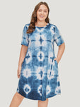 Crew Neck Tie Dye Print Pocketed Dress With Ruffles