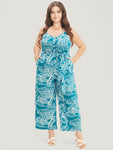 Belted Pocketed General Print Spaghetti Strap Jumpsuit