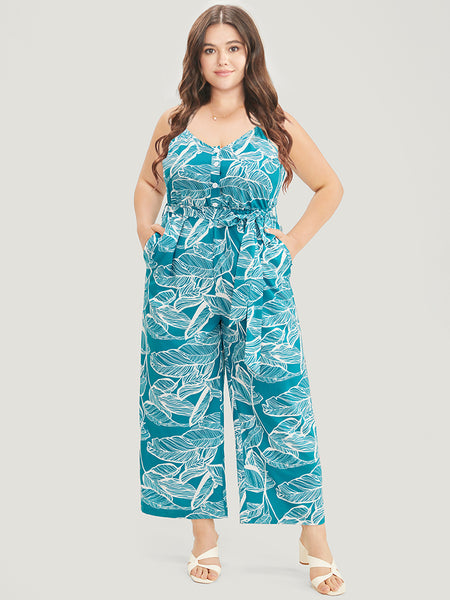 General Print Belted Pocketed Spaghetti Strap Jumpsuit