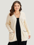 Contrast Trim Patched Pocket Open Front Cardigan