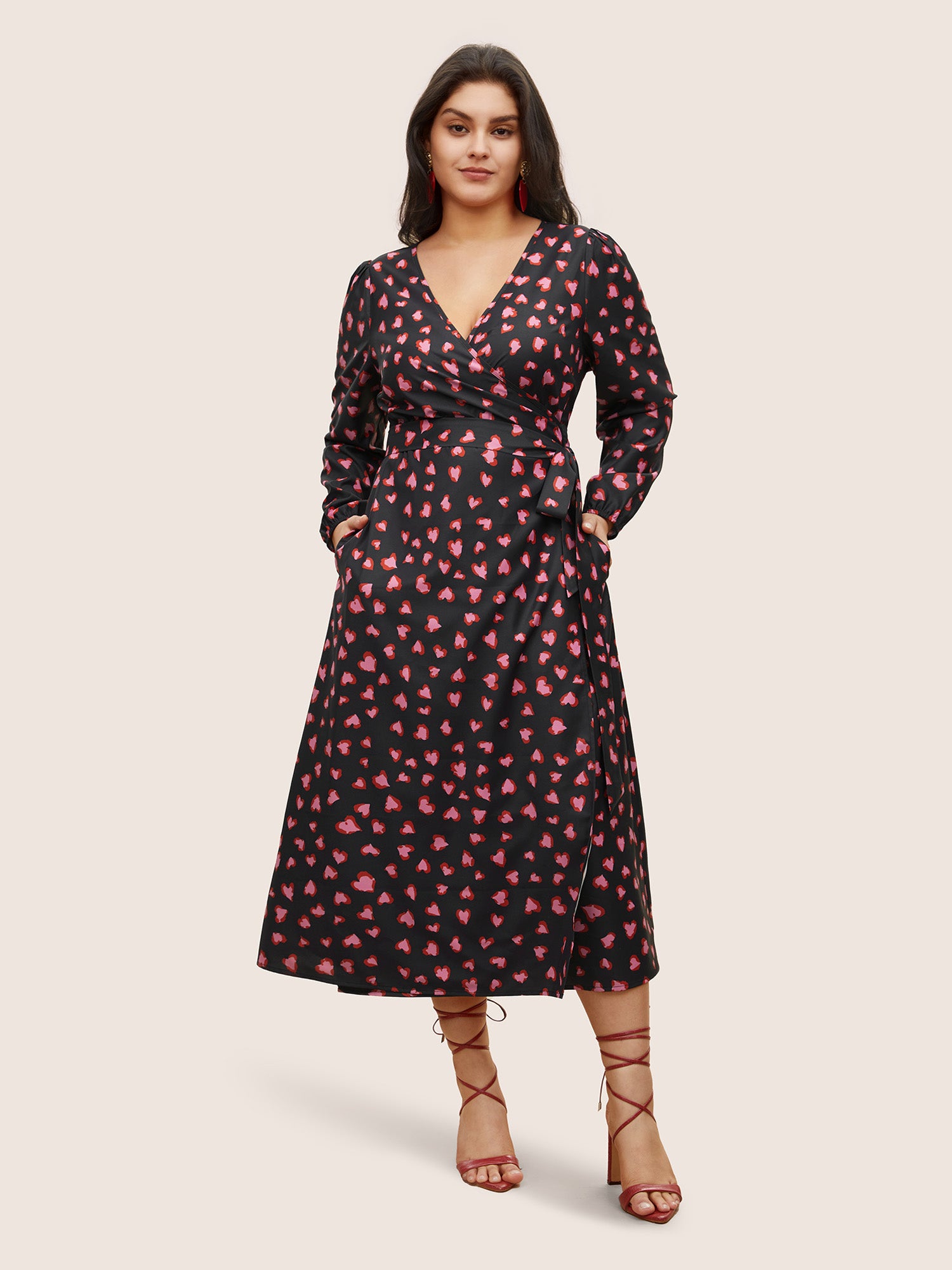 

Plus Size Women Everyday Heart Print Non Lantern Sleeve Long Sleeve Overlap Collar Pocket Elegant Dresses BloomChic, Black