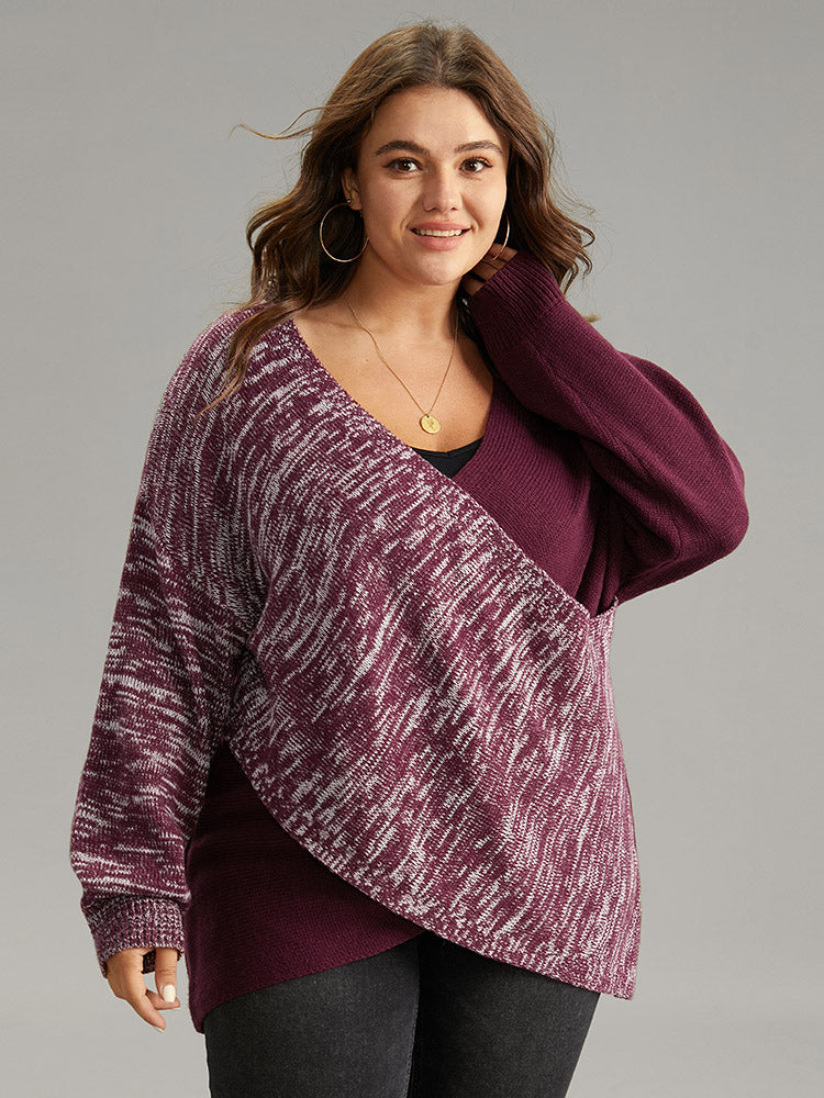 

Plus Size Pullovers | Heather Contrast Crossover Patchwork Pullover | BloomChic, Burgundy