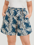 Tropical Plants Print Contrast Pocket Belted Shorts