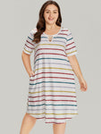 Striped Print Pocketed Keyhole Dress