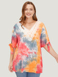 Tie Dye Lace Cut Out Knot Sleeve Blouse